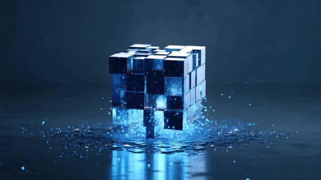 Floating blue cube surrounded by shimmering particles in a dark environment during a digital art display