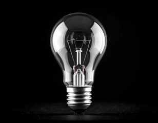 A clear, incandescent light bulb against a stark, black backdrop