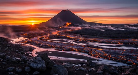 Fiery molten rock streams across dark terrain beneath a dramatic sunset sky near a towering cone-shaped mountain.