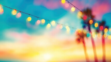 Colorful lights hang on strings during sunset at a beach with palm trees
