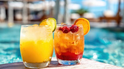 Obraz premium Refreshing drinks next to a pool on a sunny day with clear water