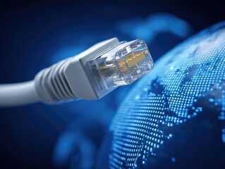RJ45 cable connector in front of a digital world map