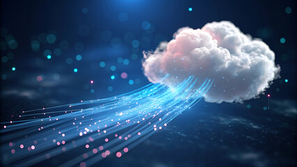 Digital data stream flowing into a fluffy white cloud against a dark blue background