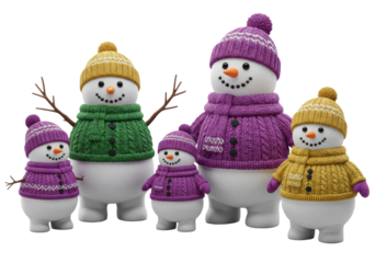 three stylized anthropomorphic snowmen groupings wearing detailed, chunky knit hats and scarves in emerald green, purple, and yellow, isolated on a transparent background. concept of a joyful winter