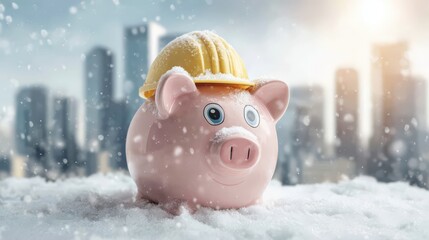 Ceramic savings animal wearing protective headgear sits in snowy urban landscape