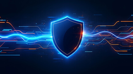 Futuristic digital shield with glowing blue and red lines representing cybersecurity and data protection concepts