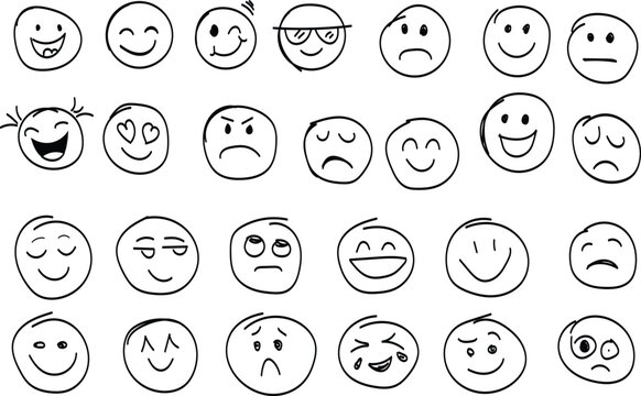 Vector hand drawn doodle emoji with different emotions set. Round cute faces with different emotional expressions isolated. Line happy, neutral, crying, excited and cool cute faces vector
