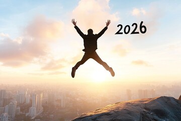 Fototapeta premium Jumping into the future embracing change in 2026 urban landscape motivational scene bright horizon