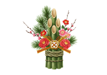majestic traditional japanese kadomatsu watercolor illustration with five thick bamboo stalks, pine sprigs, and pink plum blossoms, highly detailed on a transparent background. concept of shogatsu
