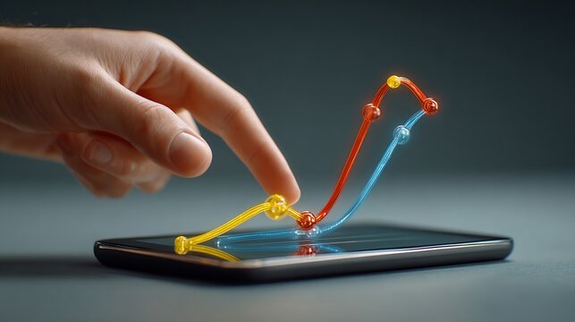Predicted curve and actual curve overlapping above tablet screen, analyst hand aligning accuracy point, dark neutral background