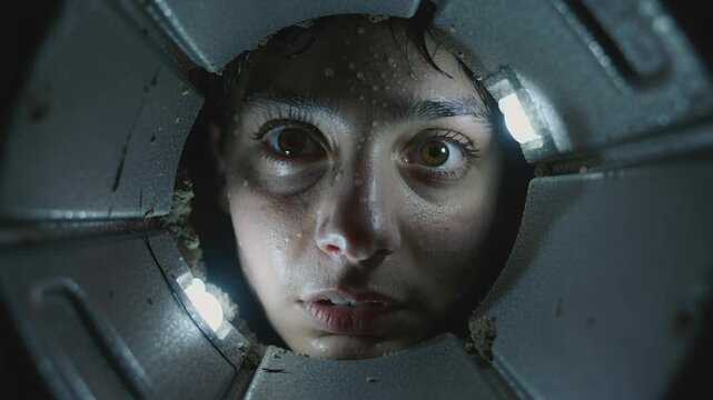 Woman seen through pipe hole, wet and fearful, experiencing confinement and struggle for concept of survival and challenge