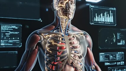 Anatomical illustration showcasing human organs and systems with futuristic digital overlays - Powered by Adobe