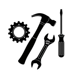 Essential hand tools for repair and construction projects, including a hammer, wrench, screwdriver, and gear, perfect for DIY enthusiasts and professionals alike