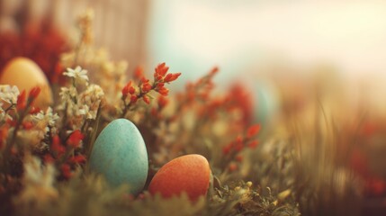 Colorful eggs hidden among flowers in a spring garden setting