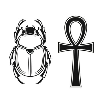 Mystical scarab beetle and ankh cross, iconic symbols of ancient Egyptian culture, perfect for historical designs or spiritual themes, rendered in vector art