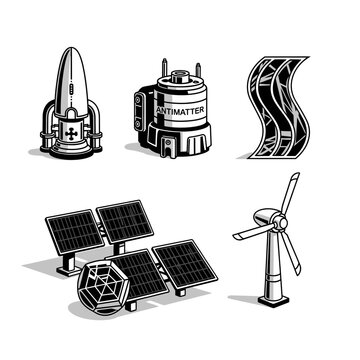 Futuristic Energy Solutions: A vision of sustainable innovation featuring solar panels, wind turbines, and cutting-edge antimatter reactors for a greener tomorrow