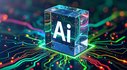 Glowing transparent cube with the letters ai inside on a circuit board background representing artificial intelligence