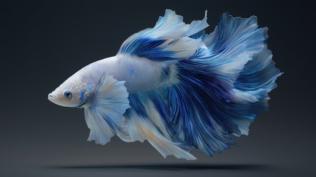A beautiful and vibrant betta fish with a detailed body in shades of white and blue, swimming against a plain dark background