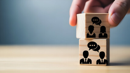 Hand stacking wooden blocks showing people communicating to represent teamwork and collaboration