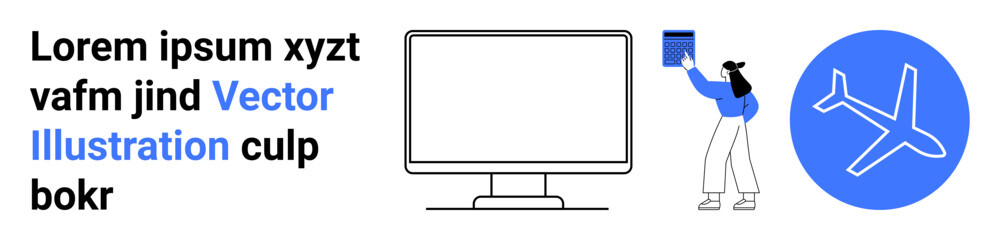 Business services, travel booking, corporate management, digital tools, communication, workflow. computer screen, airplane icon and a person with a document. Travel booking and corporate management