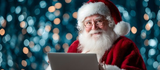 Santa Claus using his laptop on a blurred background