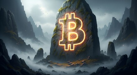 Glowing Bitcoin logo on a rocky mountain peak with foggy background