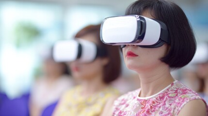 Virtual reality event with attendees wearing headsets in a conference space