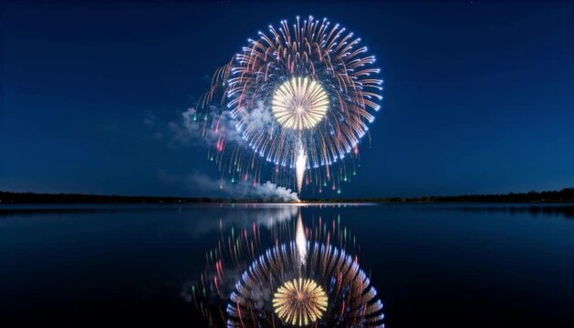 massive colorful fireworks perfectly reflected dead calm surface dark lake low angle shot hyper real clarity emphasizing reflection perfect for new year and christmas