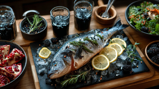 Fresh sea bream or dorade cooling on crushed ice with lemon and herbs waiting to be cooked for a delicious seafood dinner, view from above on slate
