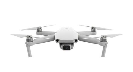 Foldable quadcopter unmanned aerial vehicle with integrated camera floats on white background