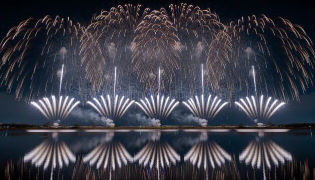 massive colorful fireworks perfectly reflected dead calm surface dark lake low angle shot hyper real clarity emphasizing reflection perfect for new year and christmas