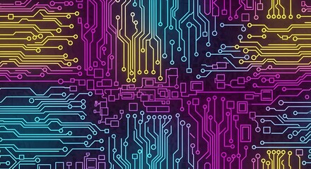 Vibrant circuit board illustration with colorful neon lines and connections