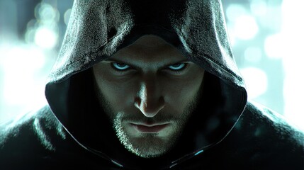 Man in hooded garment close up portrait