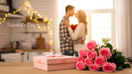 Romantic couple embracing in a cozy kitchen, surrounded by a bouquet of pink roses and a gift box, celebrating love on Valentine's Day with warm ambiance and soft lighting