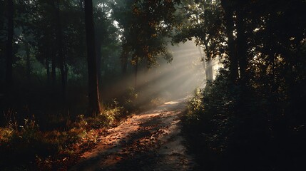 Fototapeta premium Bright pathway through forest illuminated by early morning light