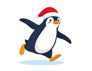 Naklejka premium Adorable cartoon penguin runs, wearing a red and white Santa hat, happy