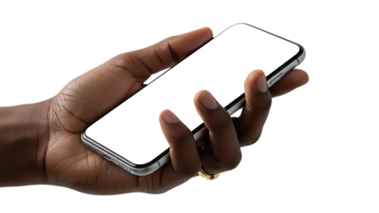 Hand holding a blank white smartphone mockup with a bright screen isolated on transparent background