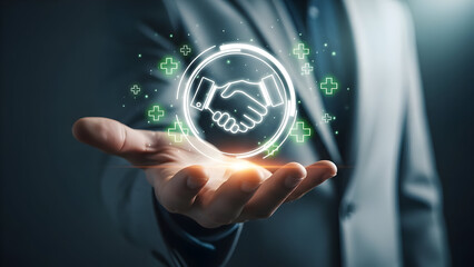 Fototapeta premium A businessman holds a glowing handshake icon surrounded by green plus signs symbolizing success and well-being