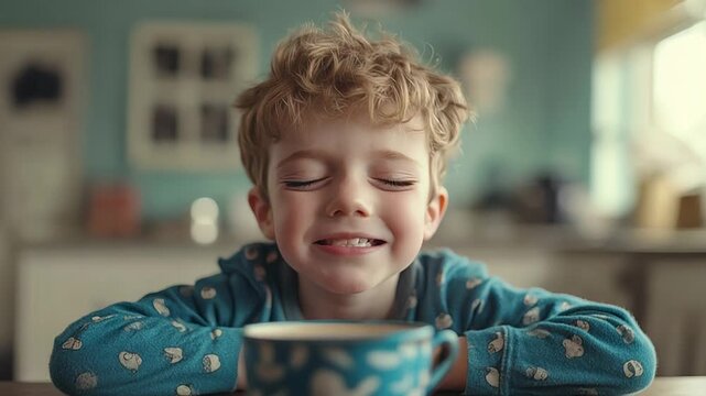 selective focus tired overweight child yawning at breakfast