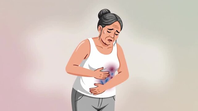 Woman Experiencing Abdominal Pain and Discomfort Depicted in Series of Illustrations