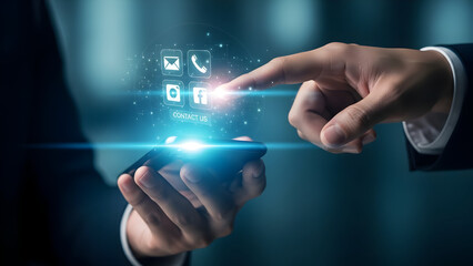 A person's hand holding a smartphone and touching a glowing icon representing contact options on a dark blue background.