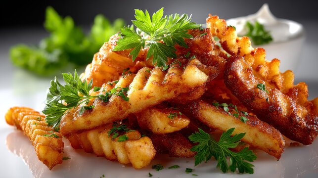 Pile of golden crispy crinkle cut Pommes Frites, French Fries or potato chips on a white background suitable for advertising and a menu