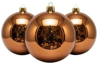three highly polished bronze christmas baubles, macro shot isolated on a transparent background, reflecting a warm, glowing tree and wrapped gifts, concept of festive holiday reflection