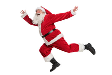 Santa Claus jumping/running on a white background.