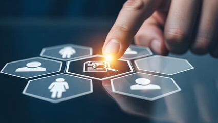 Finger touches a digital interface displaying icons for document analysis and user profiles representing data exploration and personnel management
