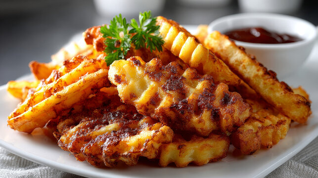 Pile of golden crispy crinkle cut Pommes Frites, French Fries or potato chips on a white background suitable for advertising and a menu