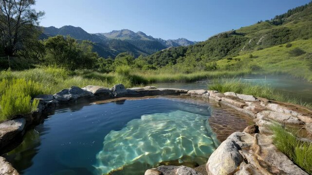 Pristine clear warm water from natural thermal spring gently flows within rugged stone pool, nestled deep in vibrant green mountain valley under bright sunlight, truly serene.