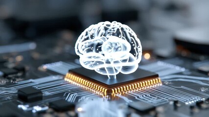 Futuristic brain hologram on microchip demonstrating advanced technology and artificial intelligence concepts in a modern setting - Powered by Adobe