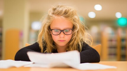 Young girl reading in library during afternoon study session
