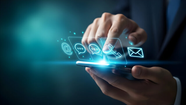 Person using a smartphone to access communication icons like email chat and phone with a glowing effect